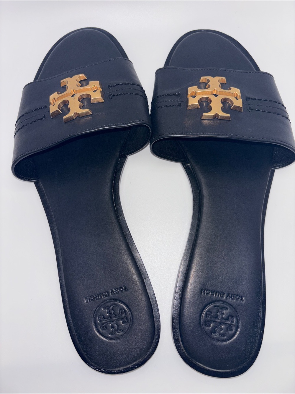 Tory Burch Black Leather Slide Sandals with Gold Logo - Picture 5 of 9